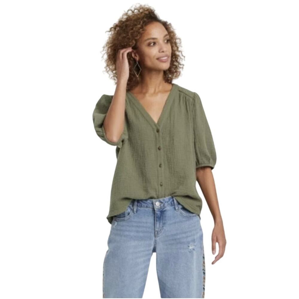 Knox Rose Blouse Button-Down Gauzy Cotton WMNS XXL Olive Green Short Sleeve Boho